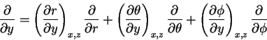 \begin{displaymath}\frac{\partial}{\partial y} = \left ( \frac{\partial r}{\part...
...\phi}{\partial y}\right )_{x,z}\frac{\partial}{\partial \phi}
\end{displaymath}