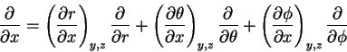 \begin{displaymath}\frac{\partial}{\partial x} = \left ( \frac{\partial r}{\part...
...\phi}{\partial x}\right )_{y,z}\frac{\partial}{\partial \phi}
\end{displaymath}